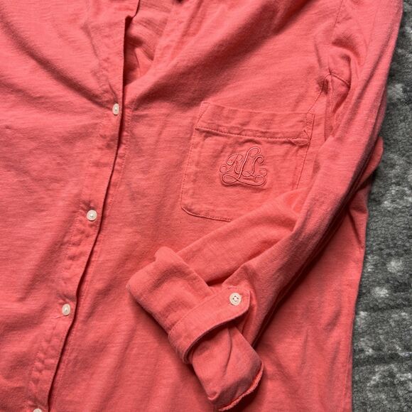 Lauren Ralph Lauren Womens Cotton Knit Sleep Shirt Large Coral Roll Tab Sleeve - Picture 7 of 8